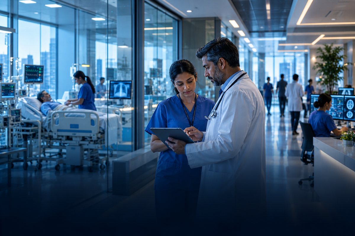 A doctor and a nurse reviewing a patient chart on a tablet in a hospital