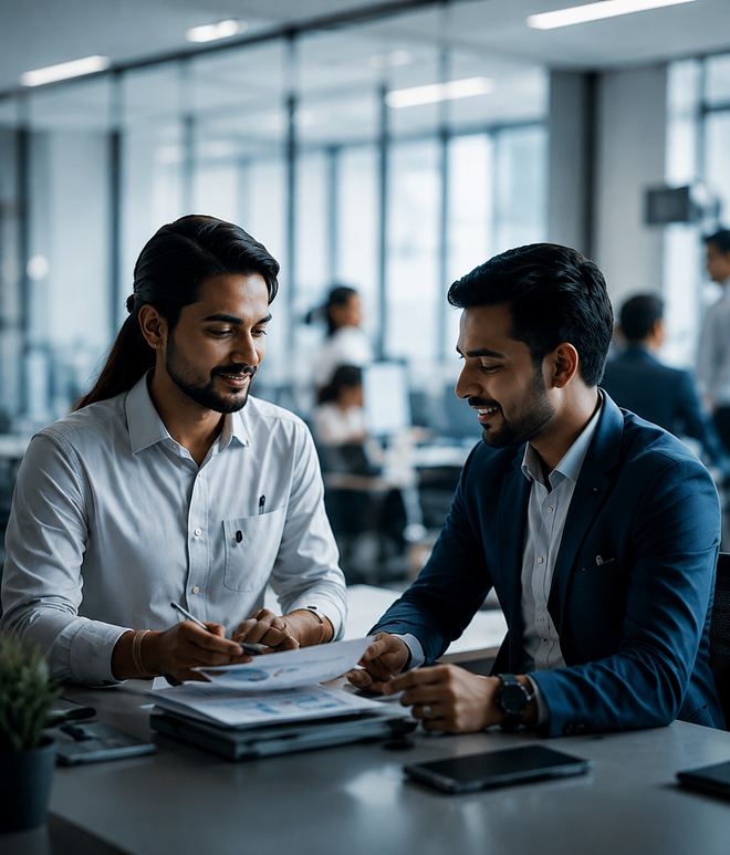 Two colleagues reviewing work together